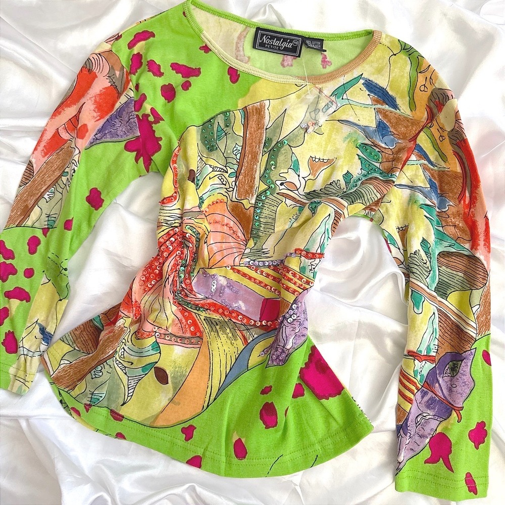 Nostalgia Petite Lime Green Abstract Art Print Sequin Long Sleeve Top PM